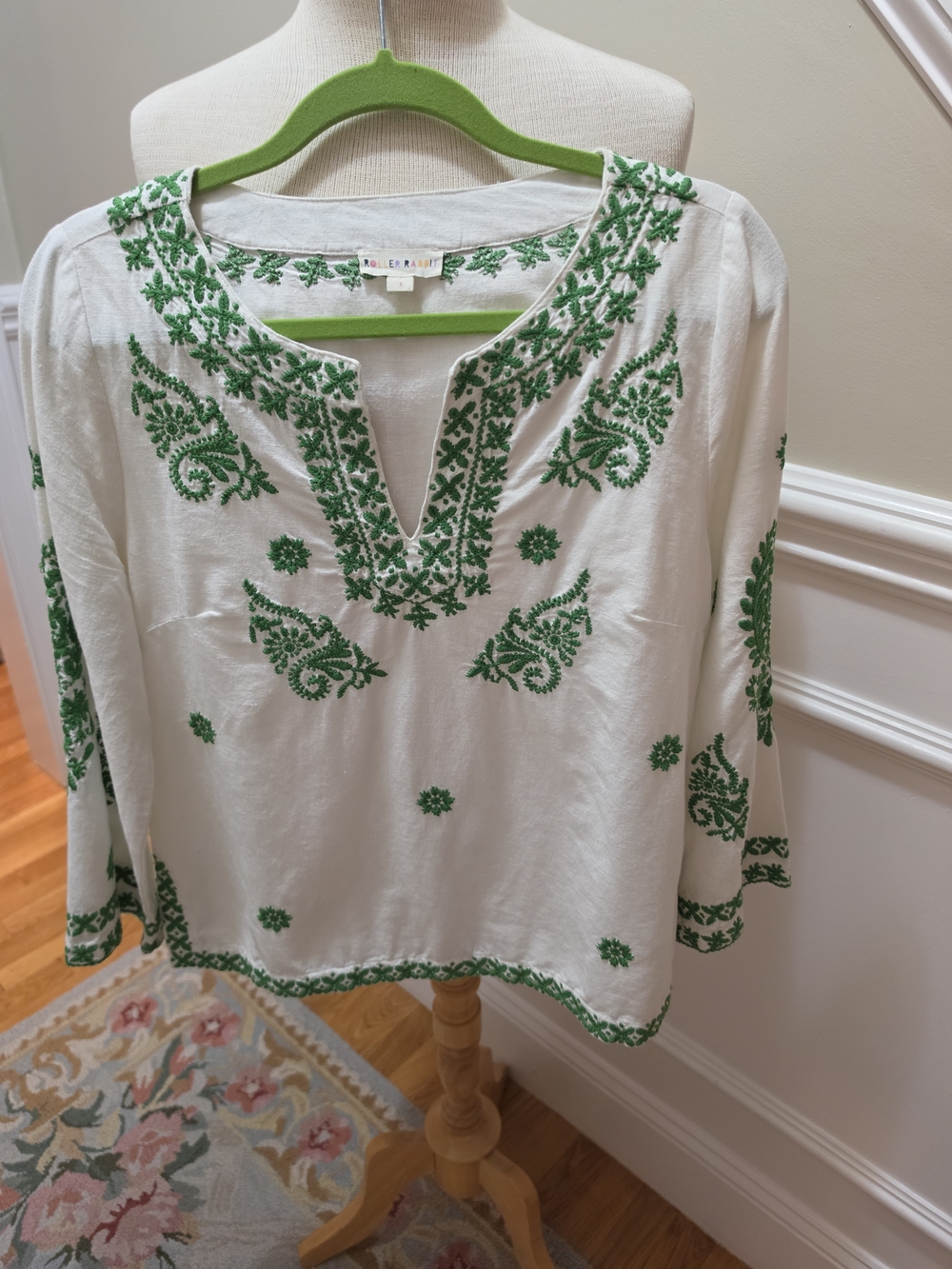 Roller Rabbit White Tunic with Green Embroidered Motifs